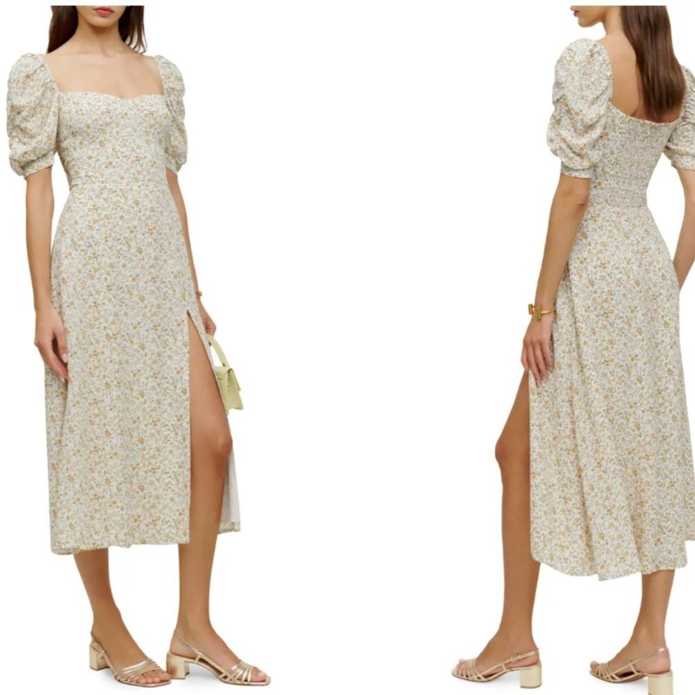Cream slit puff shoulder smocked Bandit Floral Print Midi Dress REFORMATION